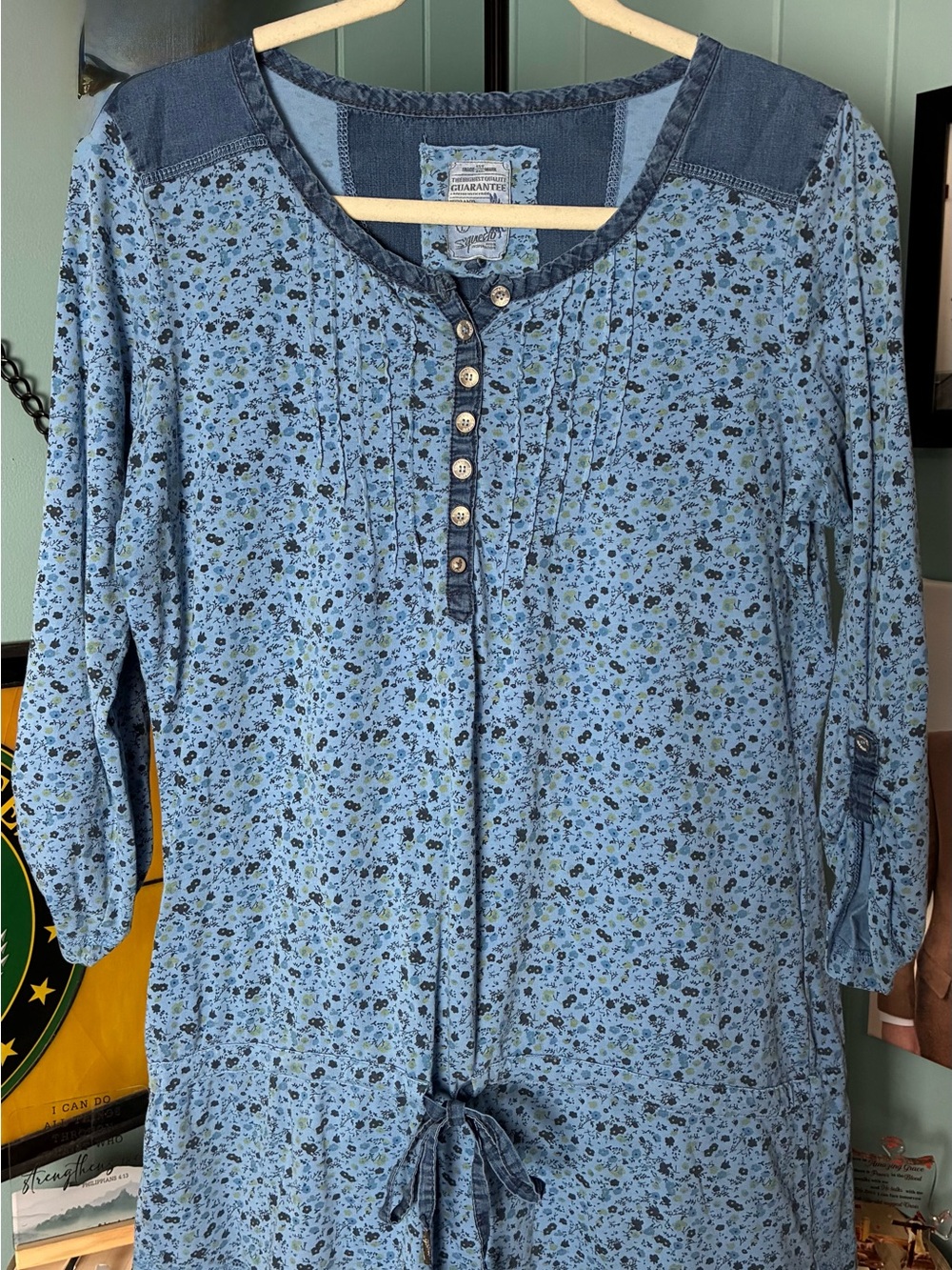 S’questo Light Blue Floral Henley Drawstring Tunic